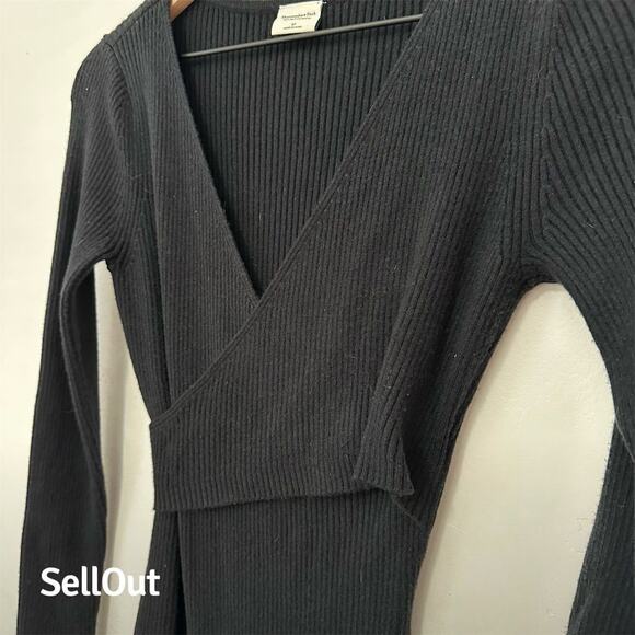 Abercrombie & Fitch Women's Black Faux-Wrap Ribbed Sweater Dress S - Picture 2 of 7